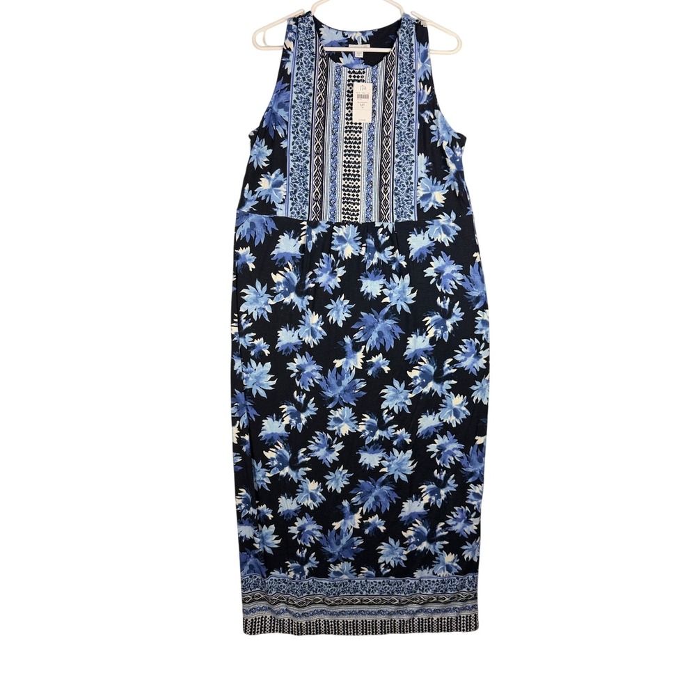 J Jill Blue Floral Midi Dress MT Medium Tall Sleeveless Rayon Stretch NWT